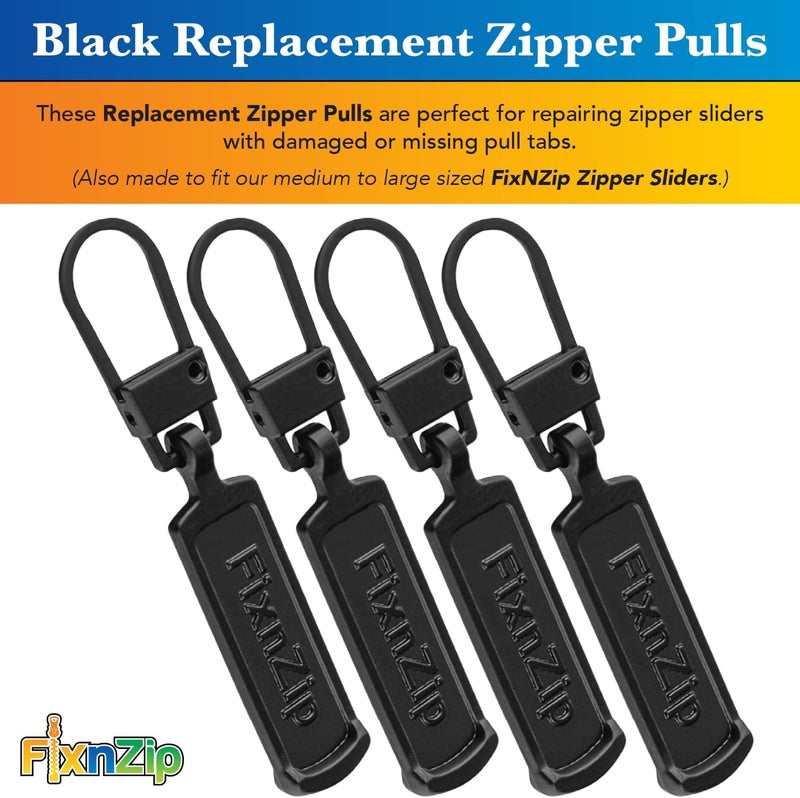 FixnZip Medium to Large Black Zipper Pull Replacements (4-Pack) | Universal Clip-On Pull Tabs for Zipper Repair, Sliders & Luggage, Jackets, Backpacks, Tents, Sleeping Bags & Outdoor Gear - Image 2